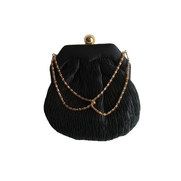 Shals Vintage Black Peau de Soie Clutch Pleated Evening Bag w Chain Strap - Picture 1 of 8
